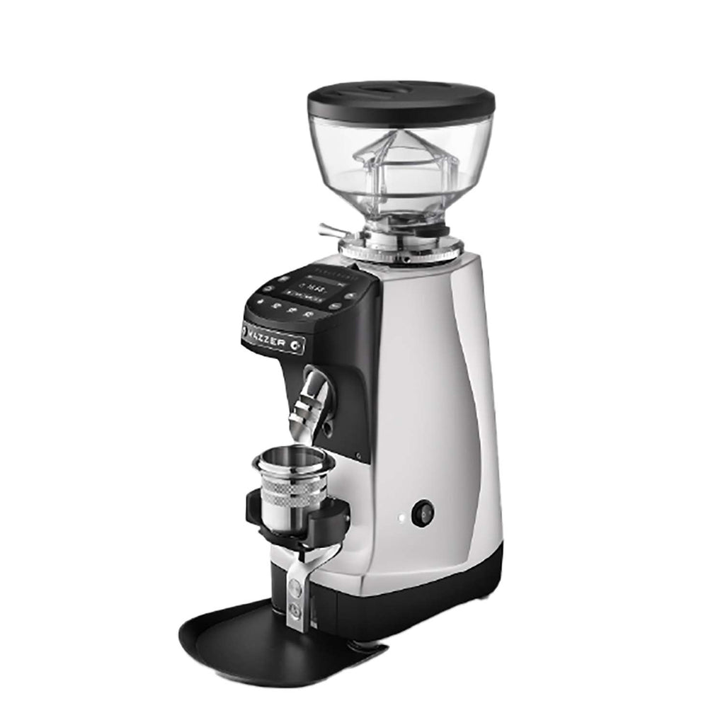 Mazzer Mini G Espressomühle mit Wiegefunktion chrom seitliche Perspektive