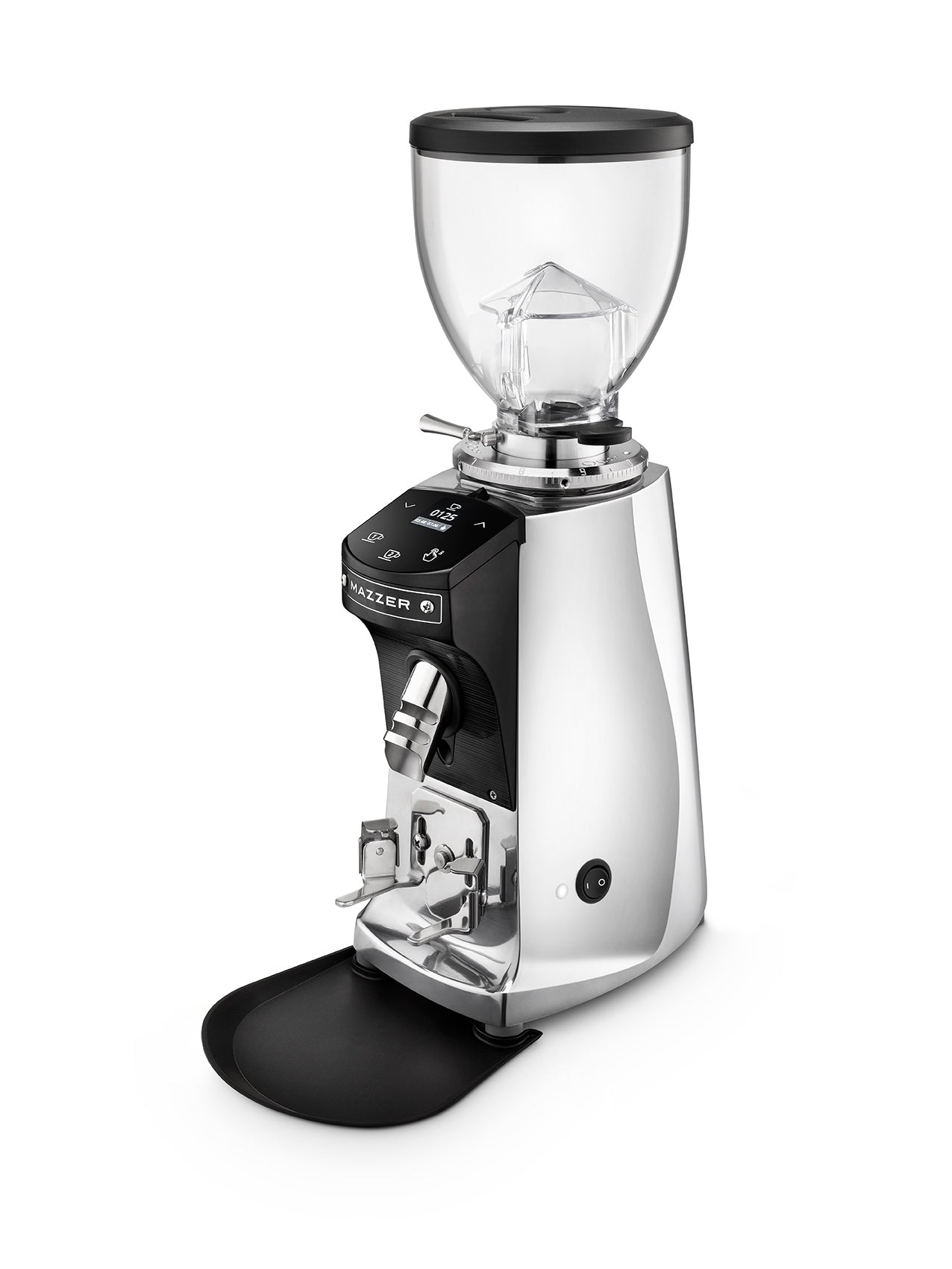 Mazzer New Mini Espressomühle alupoliert seitliche Perspektive
