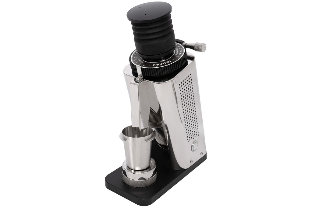 Profitec Twist SD54 Single Dose Kaffeemühle poliert schräge Vorderansicht